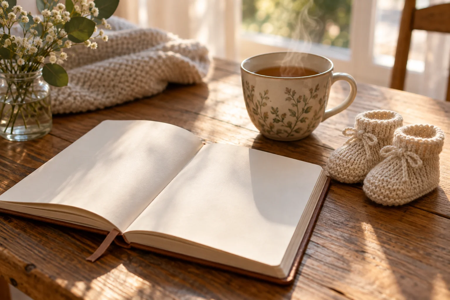 Un carnet ouvert, une tasse de tisane et des chaussons de bébé tricotés